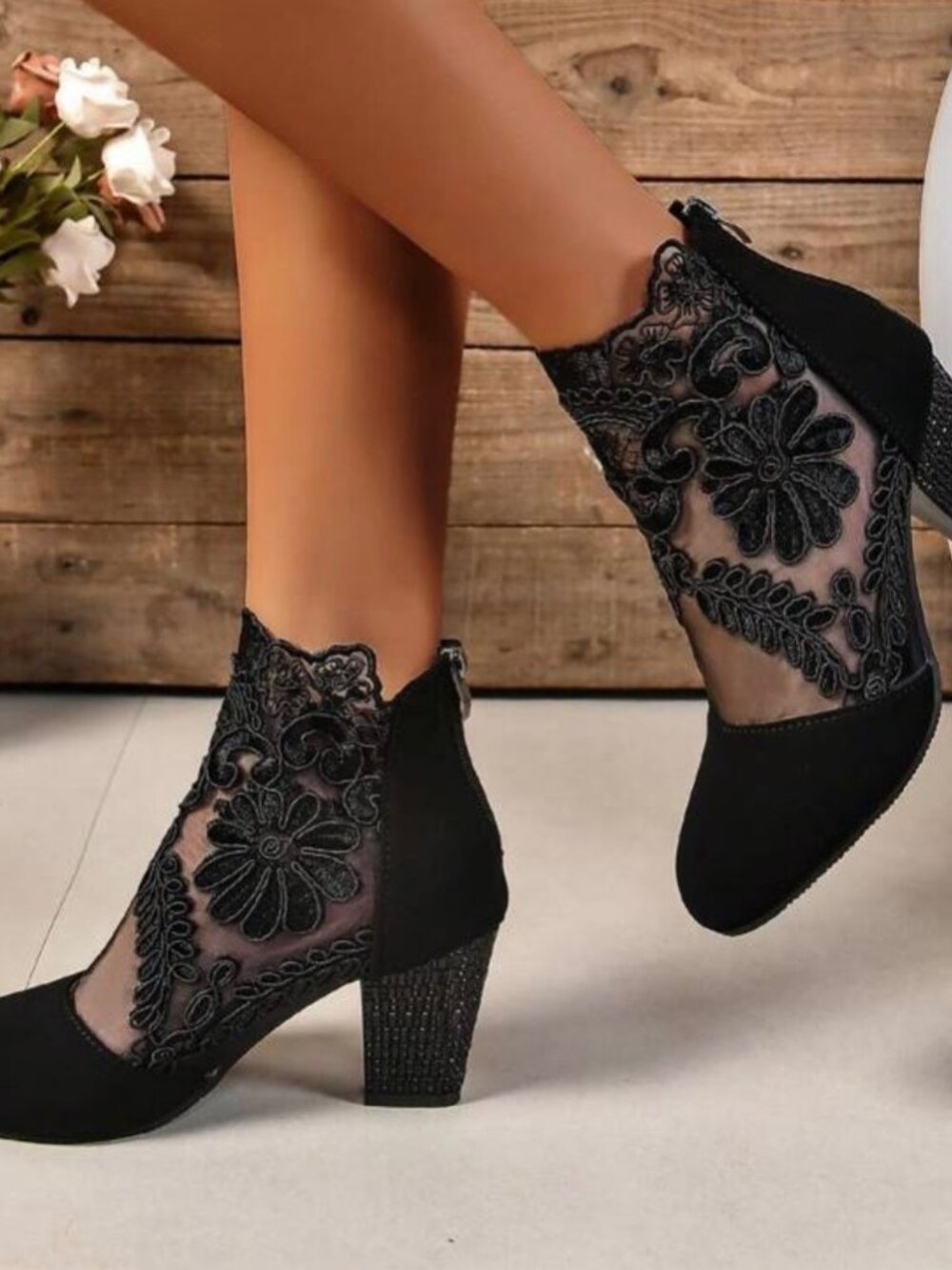 Designed To Turn Heads, Elegant Sexy Black Floral Lace Ankle Boots w 2" Heels